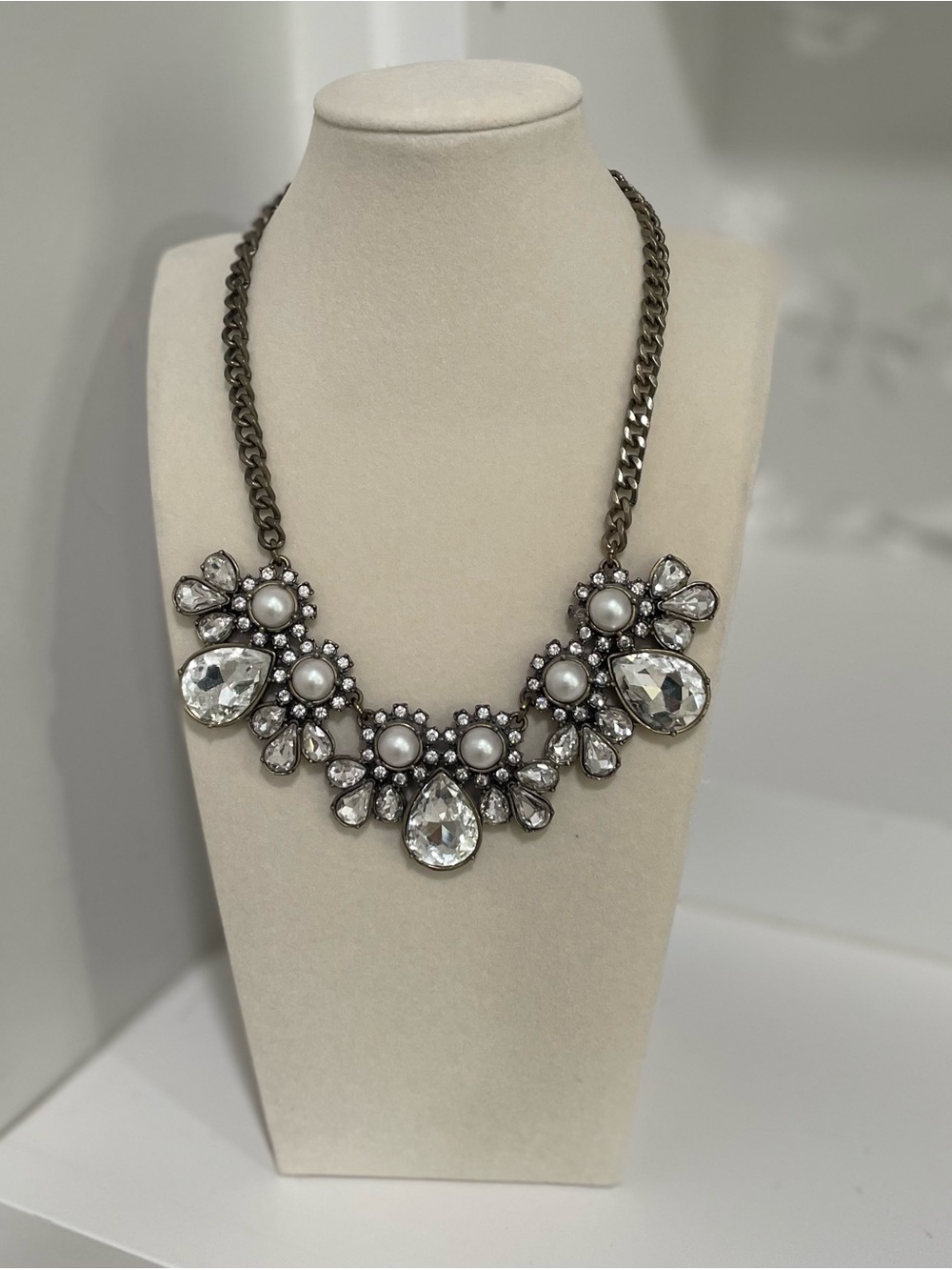 Loft Statement Necklace Bold Rhinestone Faux Teardrop Pearl Chunky Costume